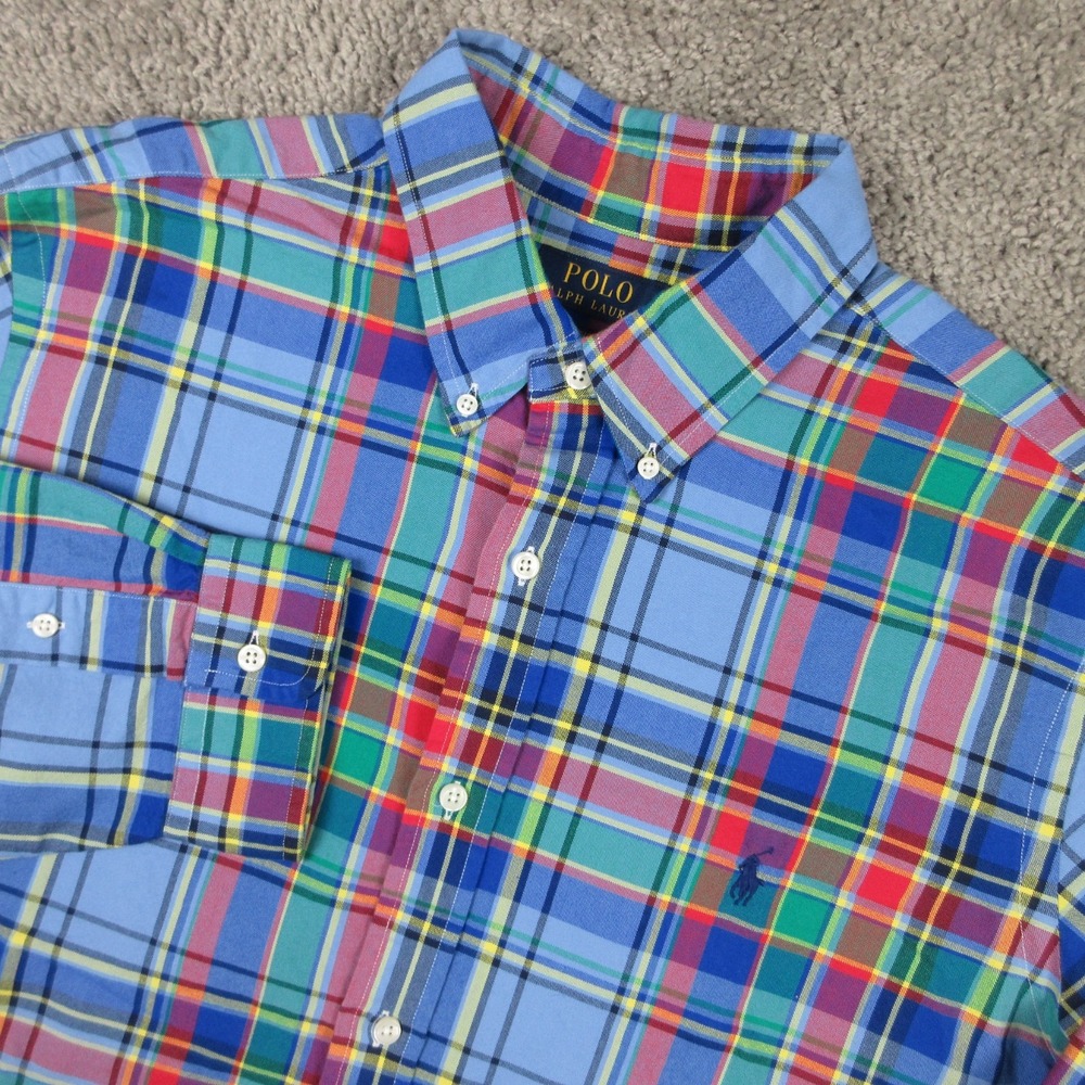 Polo Ralph Lauren Shirt Mens XL Blue Plaid Oxford Cloth Classic Pony Button Up